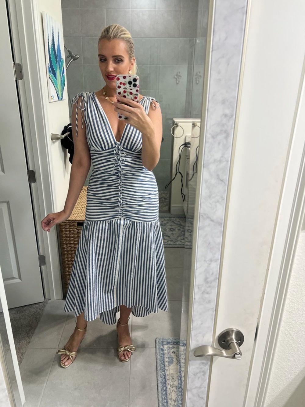 Veronica Beard Striped Blue and White Tie-Front Midi Dress